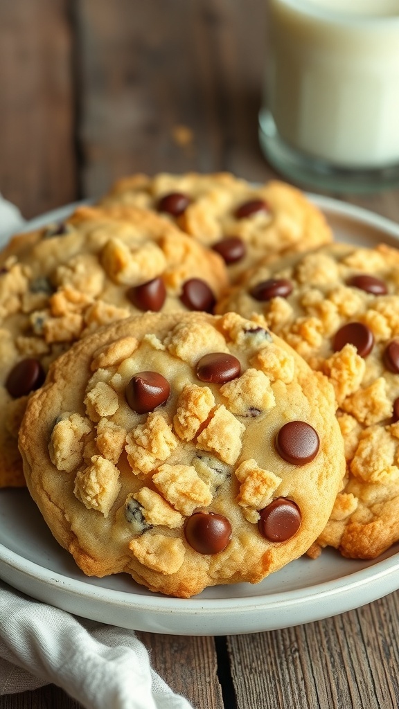 Crumble Cookies Recipe A plate of golden crumble cookies with chocolate chips, served with a glass of milk on a rustic table.